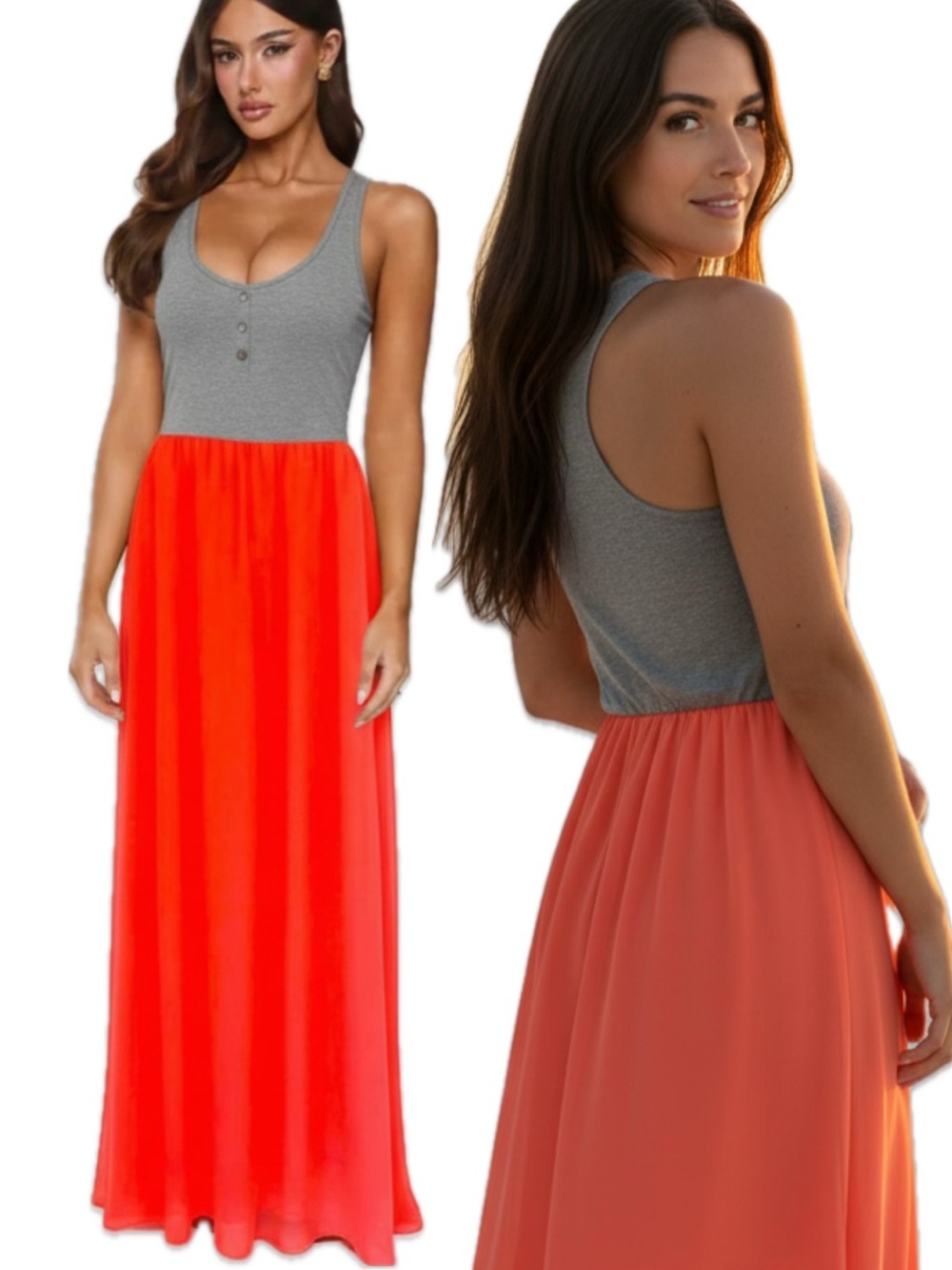 Lovely Day Grey Orange Racerback Maxi Dress Lined Flawed Size Small PTP 17.5